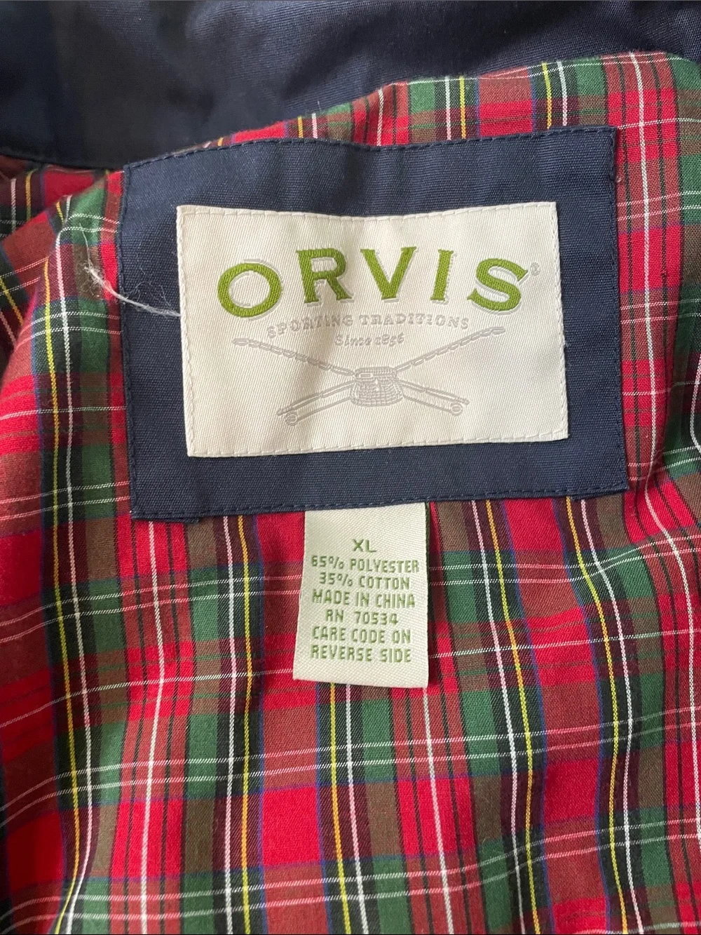 Orvis Navy Bomber Jacket with Red Plaid Lining